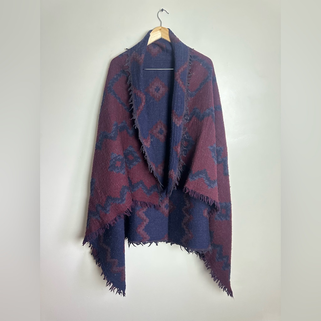 Wilfred Reversible Geometric Fringe Wrap In Burgundy And Navy